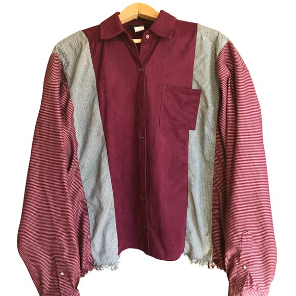 Upcycled Patchwork Shirt, Size L-XL: Mixed Print Button-Down Reworked Blouse - Picture 1 of 10